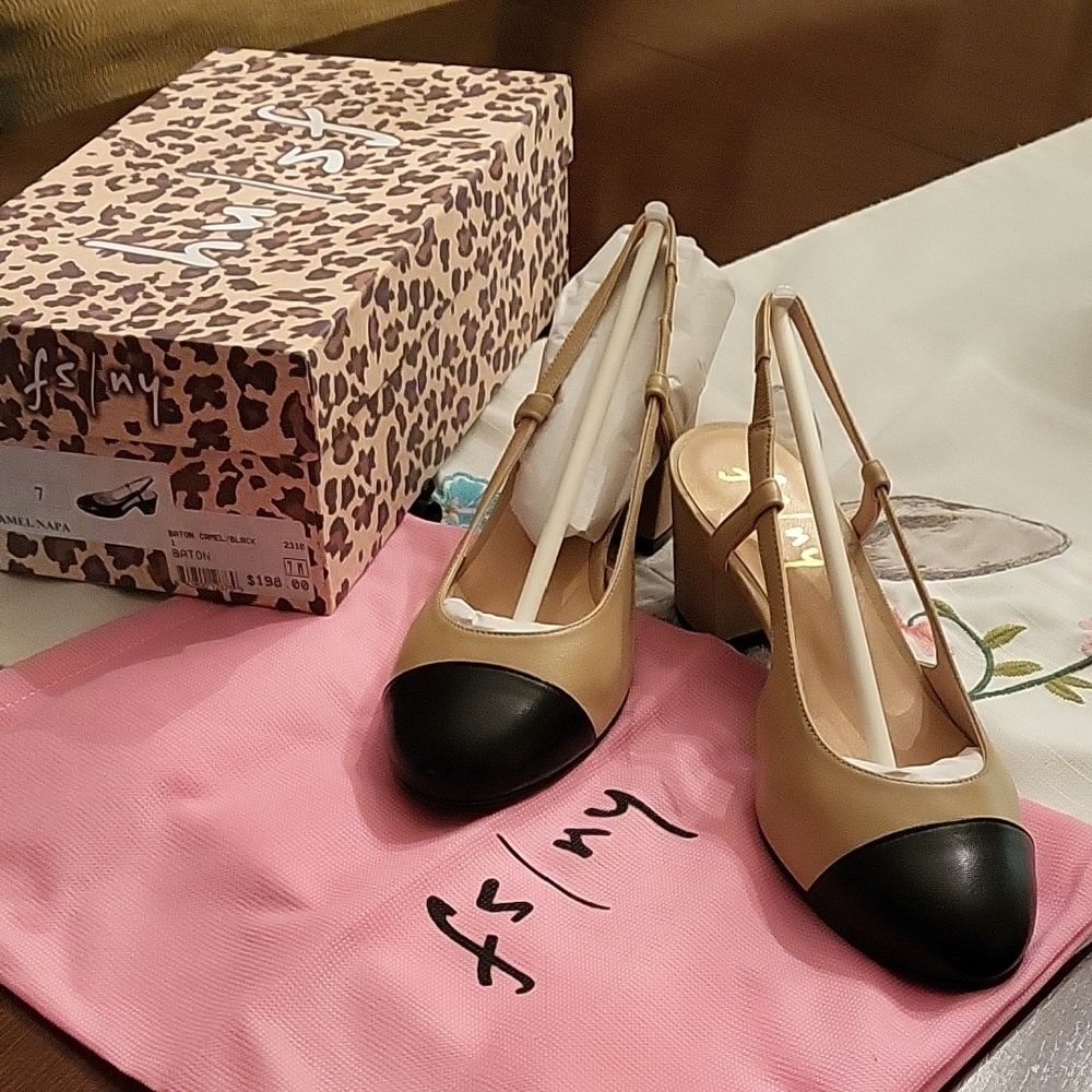 French Sole Baton Tan and Black Slingback Heels Numerous Sizes - Picture 3 of 7